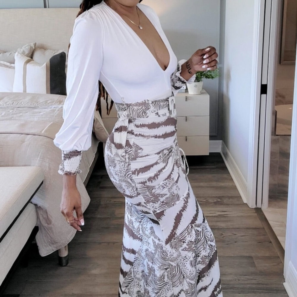 Chicways Multi Color Long Sleeve Maxi Dress w/ Adjustable Slit